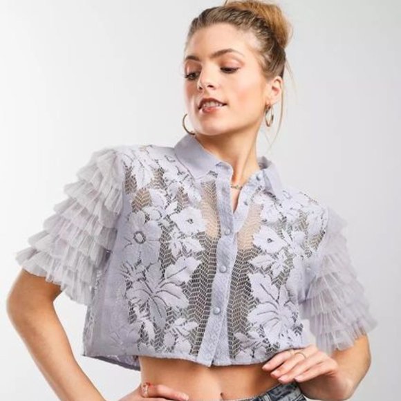 Free People Madonna Cropped Lace Blouse Ruffle Sleeves Top Small $98 - Picture 2 of 7